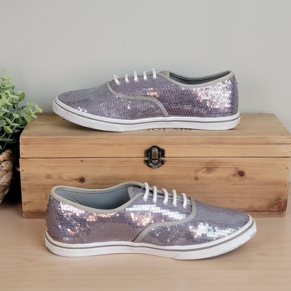 Vans 6.5 Authentic Sequin Silver Lace Up Low Top Lo Pro Sneakers Shoes TB4R - Picture 1 of 16